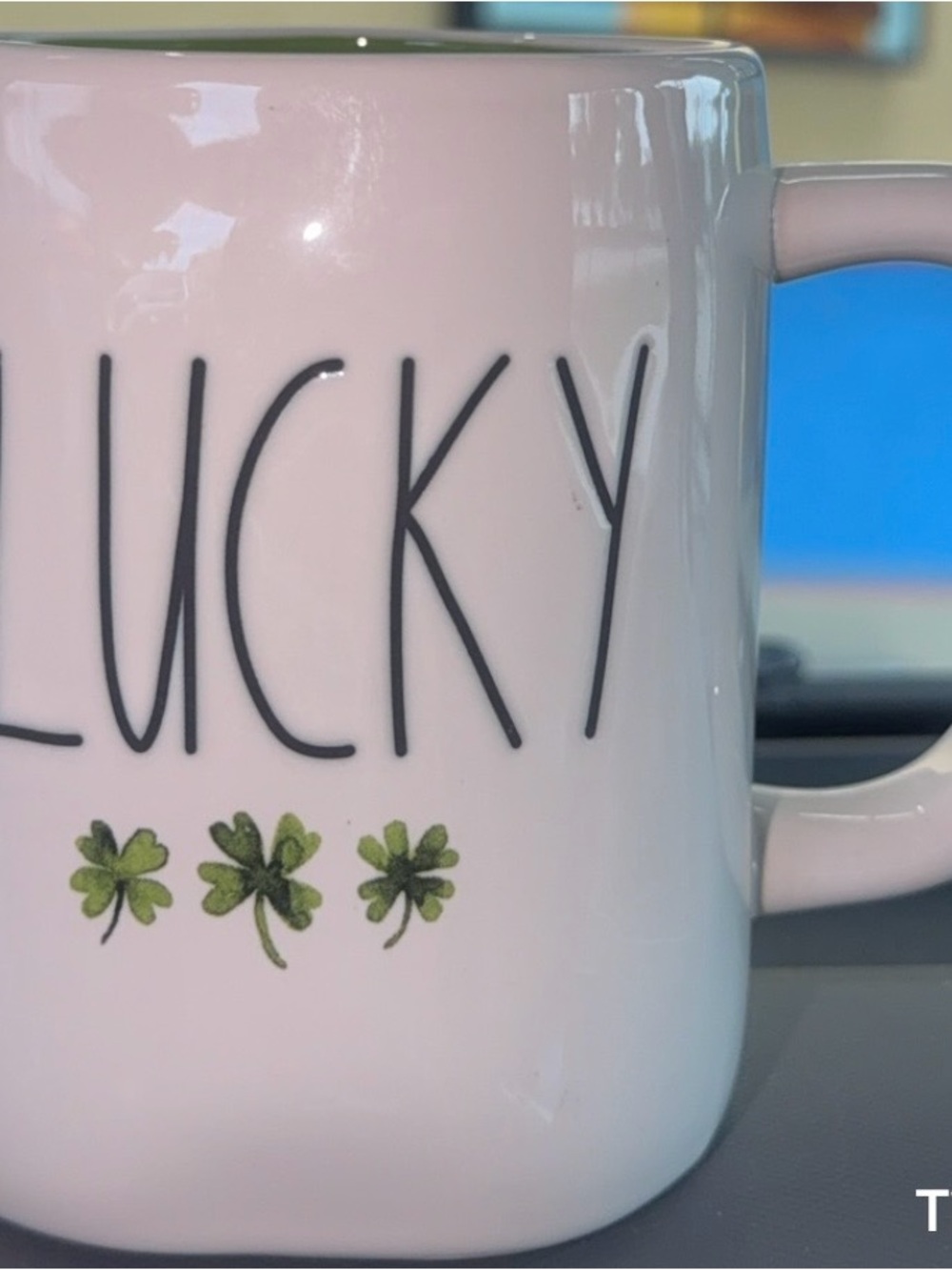 Rae Dunn Lucky Pink Ceramic Mug with Clover Design